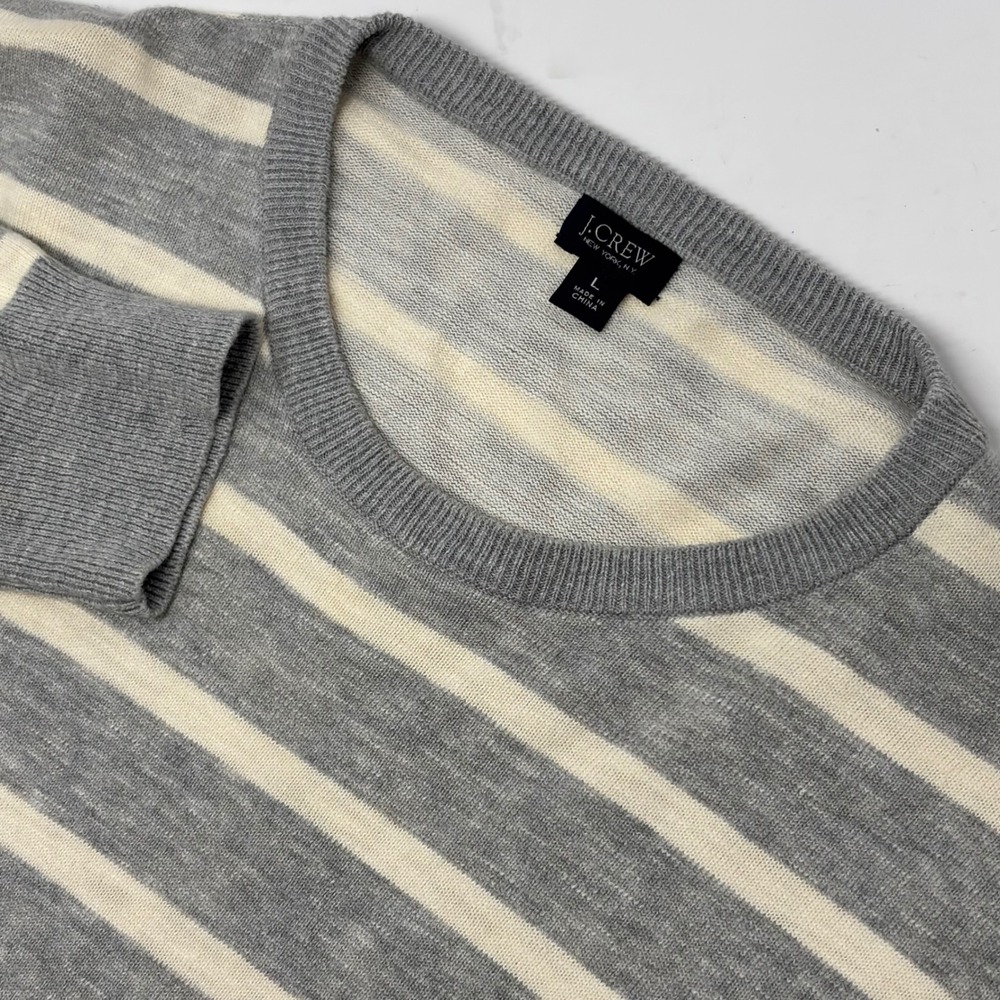 J.Crew Men's Large Gray Cream Striped Crewneck Sweater 100% Cotton